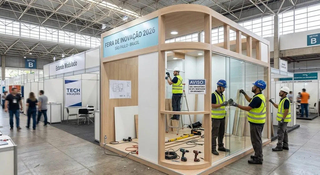 Montadores a construir um estande de exposição misto em madeira e vidro com equipamentos de segurança EPI, ao lado de um estande modulado num pavilhão de eventos em São Paulo