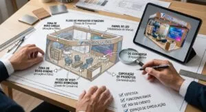 Rascunho arquitetônico de um stand de feira com anotações de fluxo de visitantes e zonas estratégicas, ao lado de um tablet com o render 3D e uma lupa, ilustrando o planejamento da empresa de cenografia.