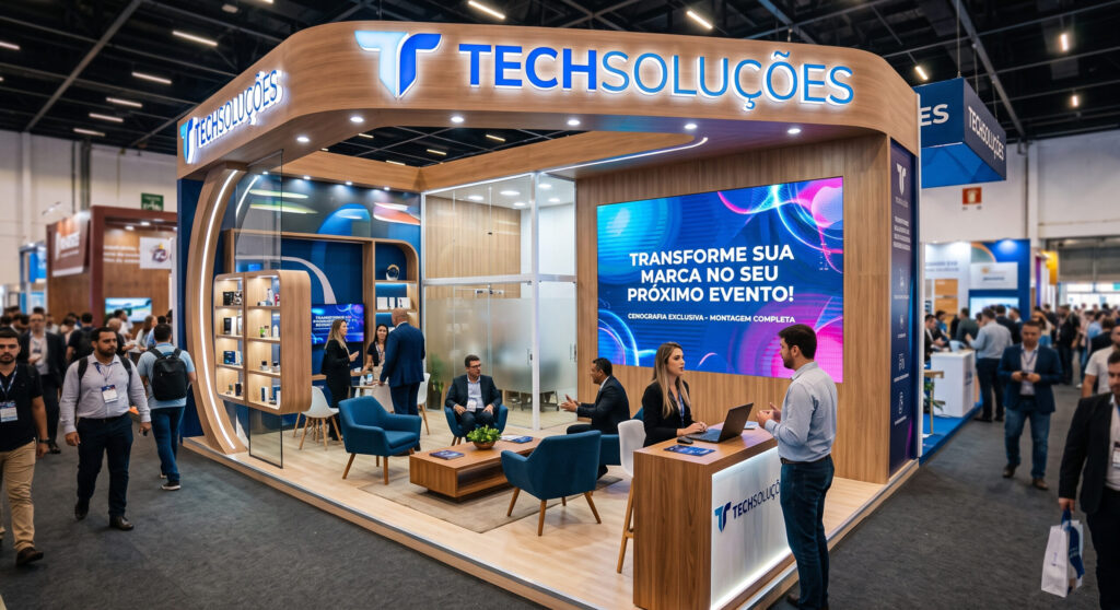 Stand de exposição moderno e movimentado em uma feira, com acabamento em madeira, logomarca iluminada da Techsoluções e painel de LED com texto sobre cenografia.