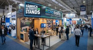 Stand construído e iluminado por fábrica de eventos stands durante uma feira de negócios com visitantes e equipa de atendimento.