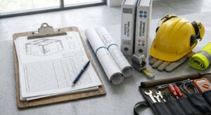 Uma composição fotográfica profissional sobre uma superfície de betão com ferramentas de planeamento de feiras: uma prancheta de madeira com uma planta técnica de estande e um formulário de checklist em branco, um capacete de segurança amarelo com luvas, documentos de projeto e uma fita métrica.