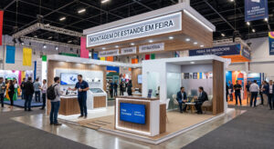 Estande moderno montado em feira de negócios com área de atendimento, lounge para reuniões e sinalização iluminada.