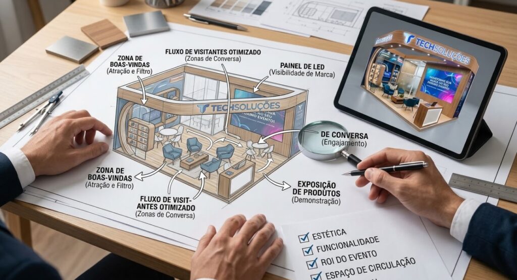 Rascunho arquitetônico de um stand de feira com anotações de fluxo de visitantes e zonas estratégicas, ao lado de um tablet com o render 3D e uma lupa, ilustrando o planejamento da empresa de cenografia.