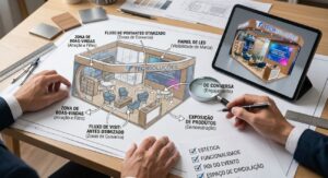 Rascunho arquitetônico de um stand de feira com anotações de fluxo de visitantes e zonas estratégicas, ao lado de um tablet com o render 3D e uma lupa, ilustrando o planejamento da empresa de cenografia.
