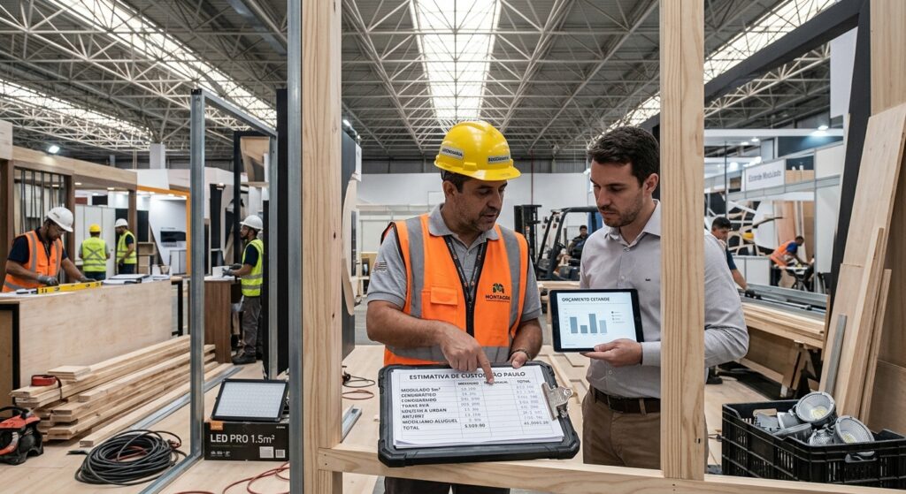 Gerente de projeto e supervisor de montagem com capacete amarelo analisando orçamento em tablet e planilha impresso sobre estande em construção num pavilhão de feiras.