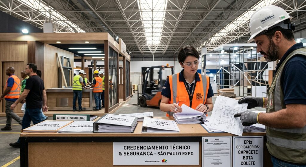 Inspetora técnica e engenheiro com capacete revisando plantas de montagem e documentos de ART no balcão de credenciamento e segurança do pavilhão São Paulo Expo.