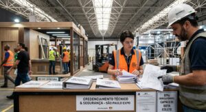 Inspetora técnica e engenheiro com capacete revisando plantas de montagem e documentos de ART no balcão de credenciamento e segurança do pavilhão São Paulo Expo.